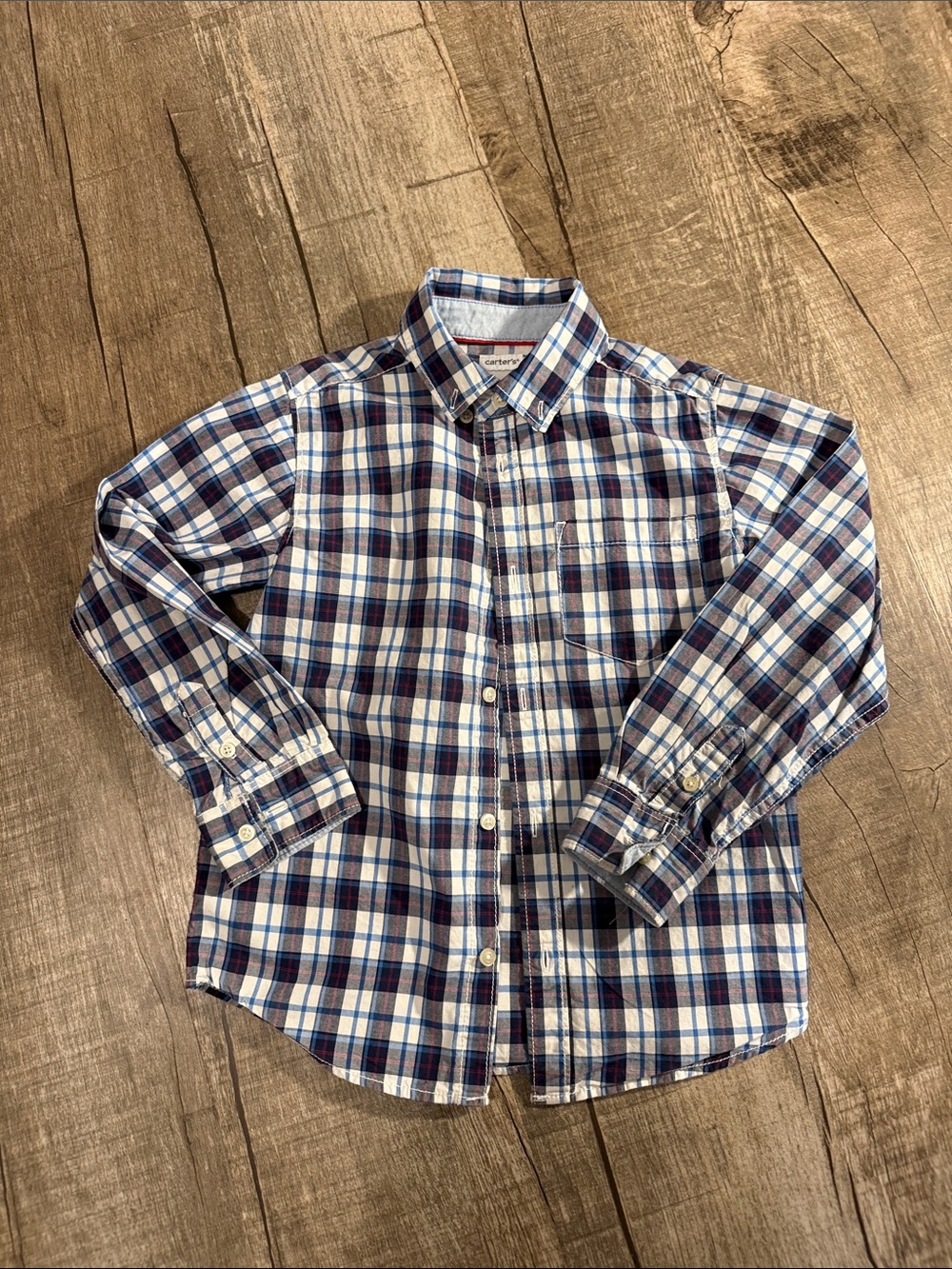 5/$15 Carters Navy and White Plaid Button-Down Shirt size 6